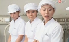 Asian nurses slurping cum out of loaded shafts in group